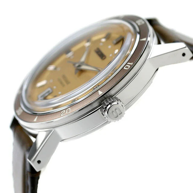 Seiko Presage SRPL75 Style60’s – golden dial automatic watch inspired by 1960s design, with box Hardlex crystal, see‑through caseback, brown leather strap, and 41‑hour power reserve.”