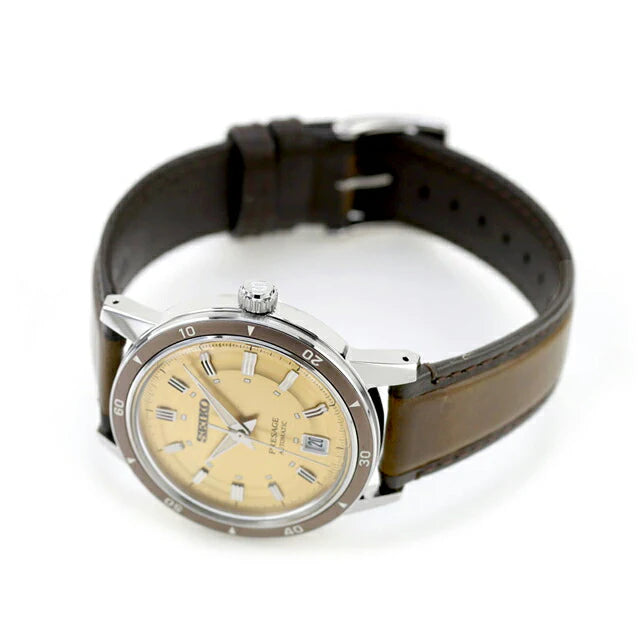 Seiko Presage SRPL75 Style60’s – golden dial automatic watch inspired by 1960s design, with box Hardlex crystal, see‑through caseback, brown leather strap, and 41‑hour power reserve.”