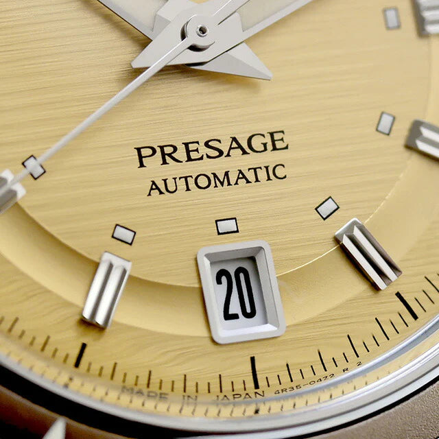 Seiko Presage SRPL75 Style60’s – golden dial automatic watch inspired by 1960s design, with box Hardlex crystal, see‑through caseback, brown leather strap, and 41‑hour power reserve.”