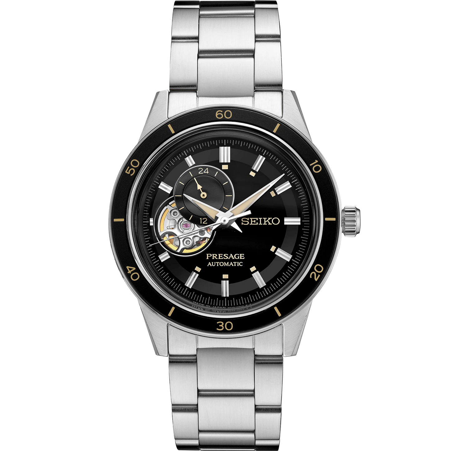 Seiko Presage SSA425 - 40.8mm Stainless Steel Style60’s Watch, Black Open-Heart Dial with 24-Hour Subdial, 50m Water Resistance, Automatic Movement
