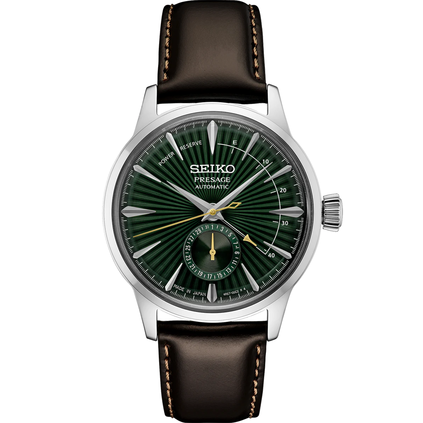 Seiko Presage Cocktail Time SSA459 Watch – Green Dial with Pressed Pattern, Date Subdial, Power Reserve Indicator, Brown Leather Strap, 4R57 Automatic Movement