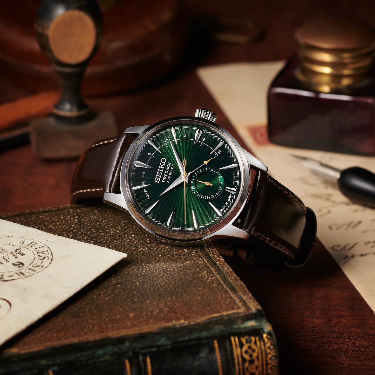 Seiko Presage Cocktail Time SSA459 Watch – Green Dial with Pressed Pattern, Date Subdial, Power Reserve Indicator, Brown Leather Strap, 4R57 Automatic Movement