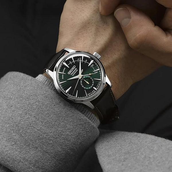 Seiko Presage Cocktail Time SSA459 Watch – Green Dial with Pressed Pattern, Date Subdial, Power Reserve Indicator, Brown Leather Strap, 4R57 Automatic Movement