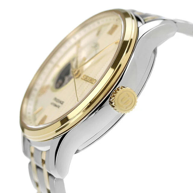Seiko Presage SSA464 Japanese Garden – ivory-gold dial automatic watch with open-heart display, 24-hour sub-dial, dual-curved sapphire crystal, two-tone bracelet, and see-through caseback.