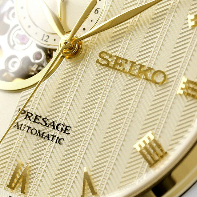 Seiko Presage SSA464 Japanese Garden – ivory-gold dial automatic watch with open-heart display, 24-hour sub-dial, dual-curved sapphire crystal, two-tone bracelet, and see-through caseback.