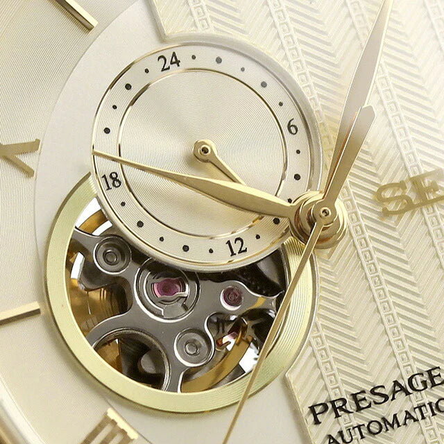 Seiko Presage SSA464 Japanese Garden – ivory-gold dial automatic watch with open-heart display, 24-hour sub-dial, dual-curved sapphire crystal, two-tone bracelet, and see-through caseback.