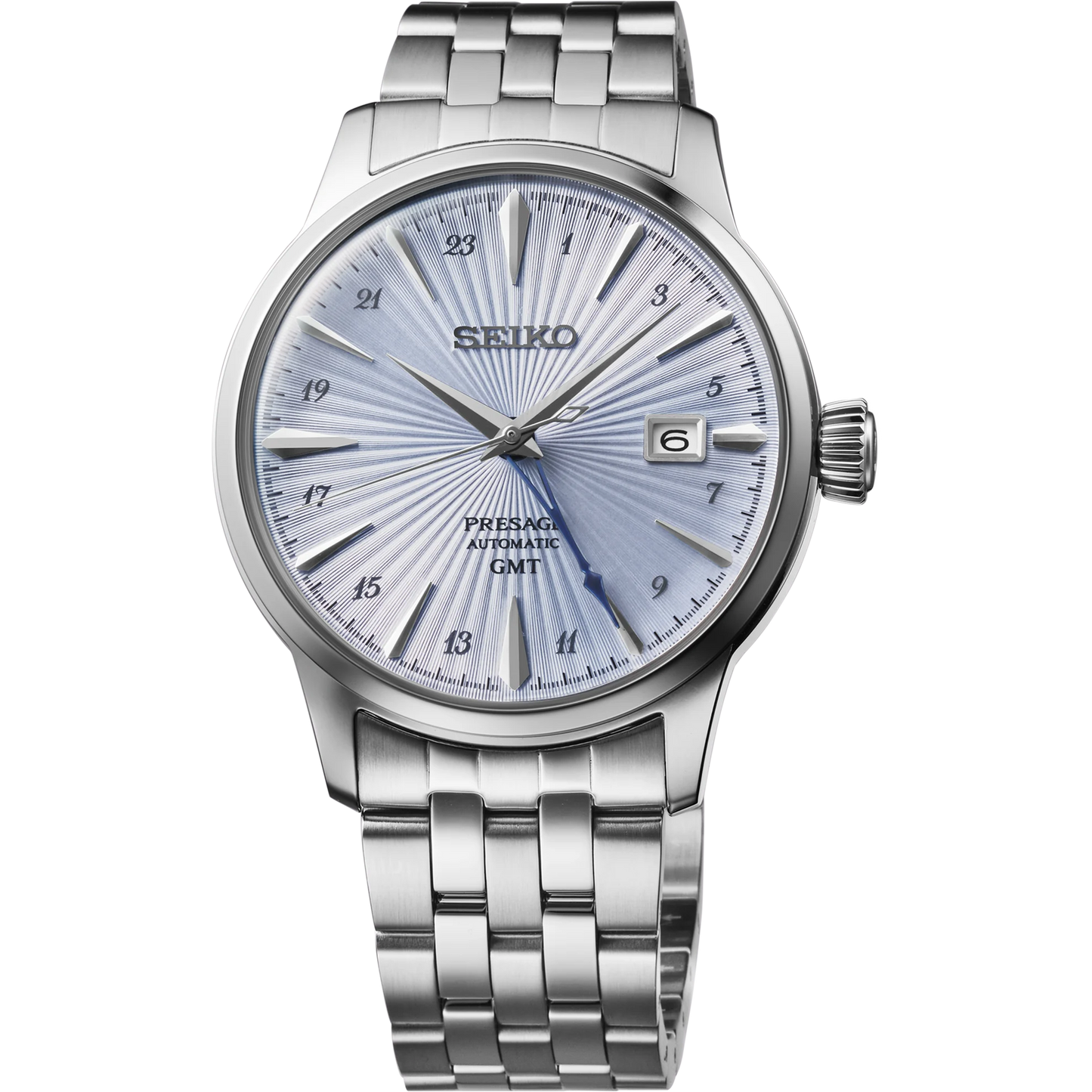 Seiko Presage Cocktail Time GMT SSK037 – light blue dial with pressed pattern, vibrant blue GMT hand, stainless steel case and bracelet, and see-through caseback.