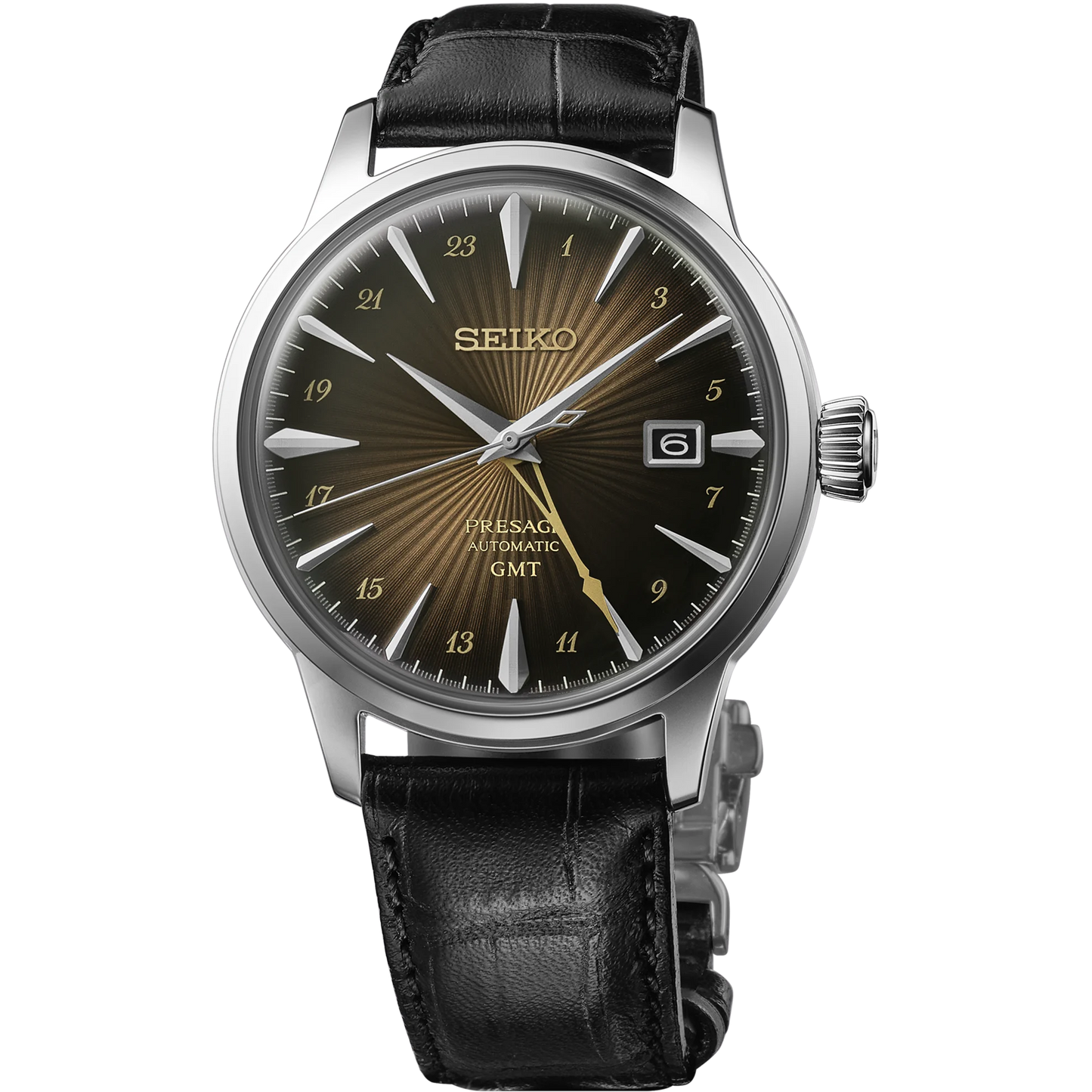 SEIKO SSK039 Presage Cocktail Time GMT – brown sunburst dial inspired by the Rusty Nail cocktail, gold-tone GMT hand, black leather strap, automatic movement, and 50m water resistance.