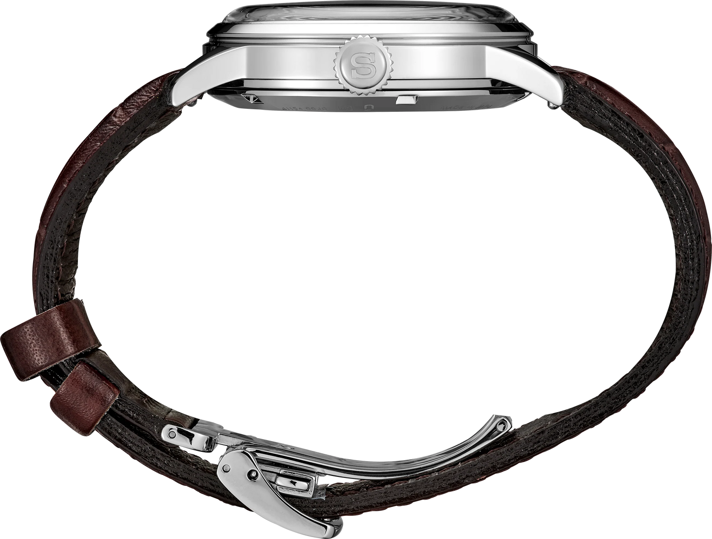 Seiko SSK041 – Presage Cocktail Time GMT watch with ivory patterned dial, gold-tone cocktail-glass-shaped GMT hand, see-through caseback, and brown leather strap; inspired by the Acacia cocktail.