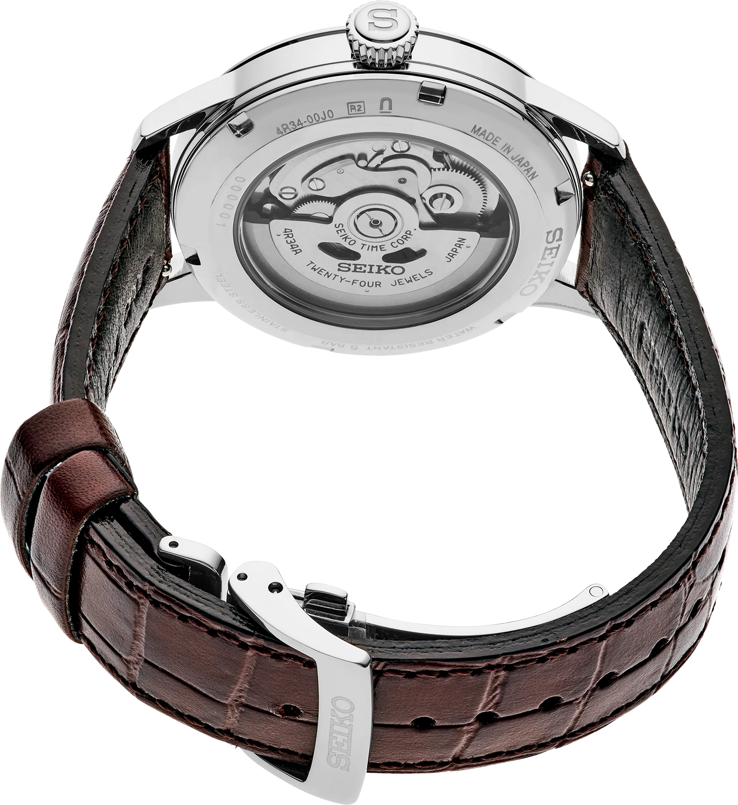 Seiko SSK041 – Presage Cocktail Time GMT watch with ivory patterned dial, gold-tone cocktail-glass-shaped GMT hand, see-through caseback, and brown leather strap; inspired by the Acacia cocktail.