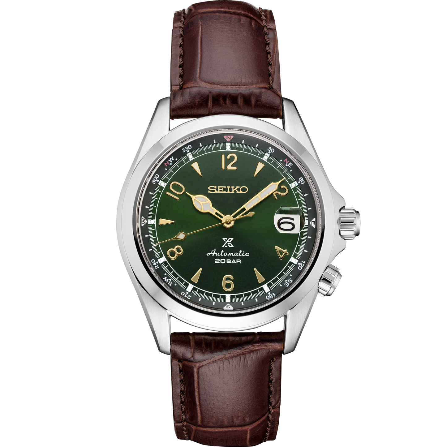 SEIKO PROSPEX SPB121 Alpinist Watch – Green Sunray Dial with Compass Bezel and Brown Leather Strap, 200m Water Resistant Adventure Timepiece
