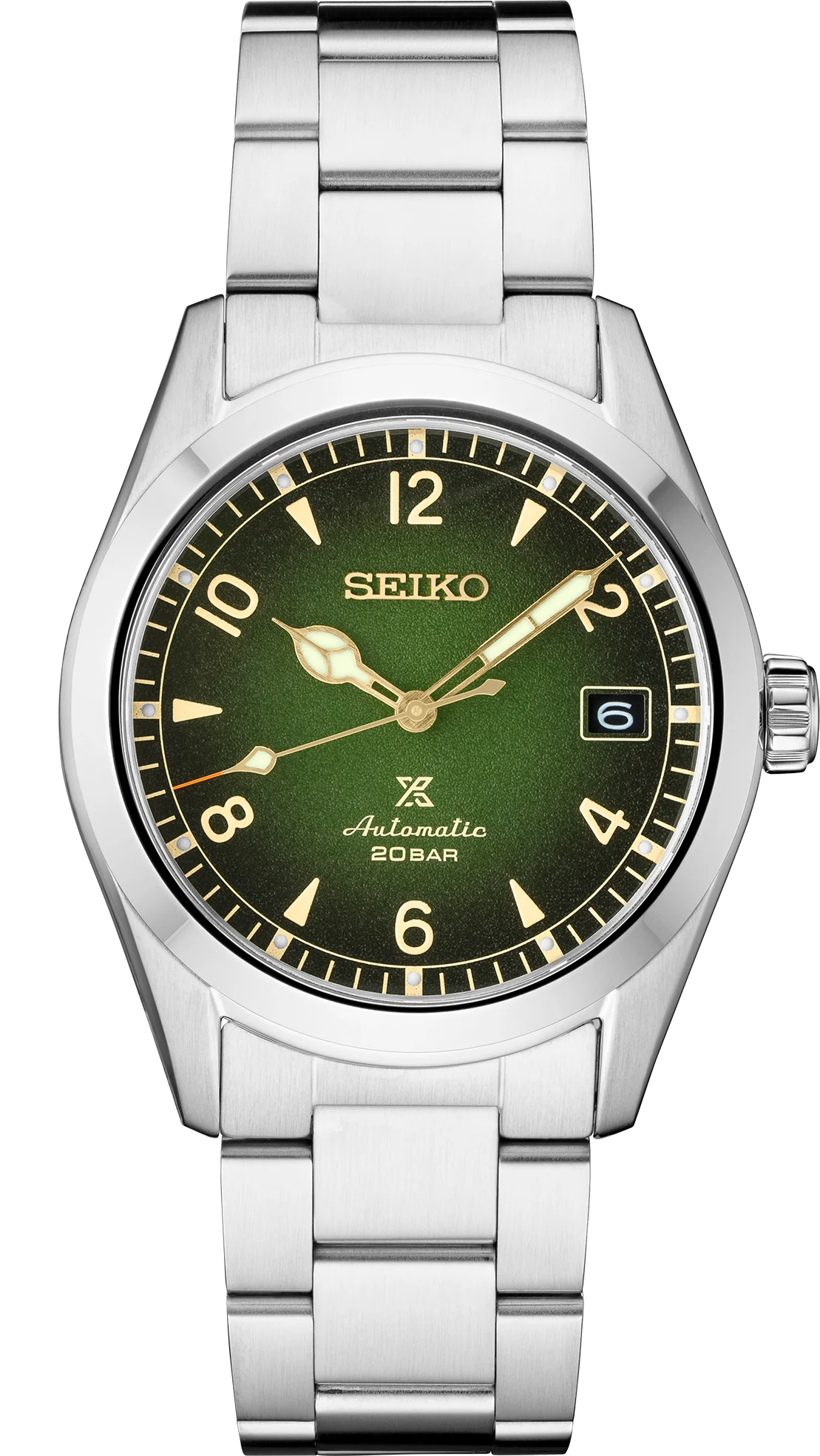 Seiko Prospex SPB155 automatic Alpinist watch with 38mm stainless steel case, green gradated dial, LumiBrite hands, sapphire crystal, 200m water resistance, and stainless steel bracelet — inspired by 1959 Seiko sport watch, available at Miseki Jewelry