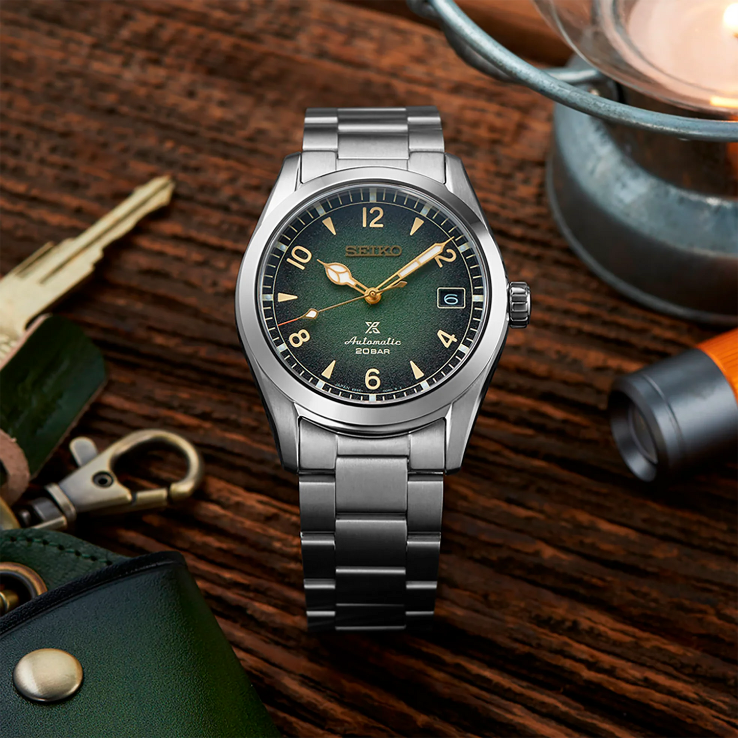 Seiko Prospex SPB155 automatic Alpinist watch with 38mm stainless steel case, green gradated dial, LumiBrite hands, sapphire crystal, 200m water resistance, and stainless steel bracelet — inspired by 1959 Seiko sport watch, available at Miseki Jewelry