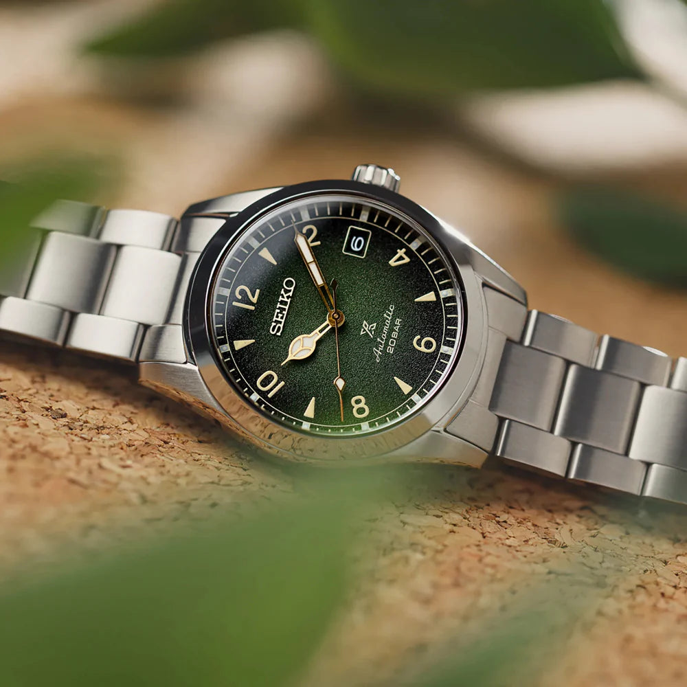 Seiko Prospex SPB155 automatic Alpinist watch with 38mm stainless steel case, green gradated dial, LumiBrite hands, sapphire crystal, 200m water resistance, and stainless steel bracelet — inspired by 1959 Seiko sport watch, available at Miseki Jewelry