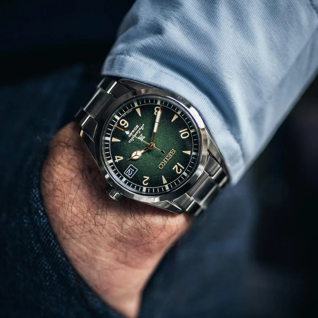 Seiko Prospex SPB155 automatic Alpinist watch with 38mm stainless steel case, green gradated dial, LumiBrite hands, sapphire crystal, 200m water resistance, and stainless steel bracelet — inspired by 1959 Seiko sport watch, available at Miseki Jewelry