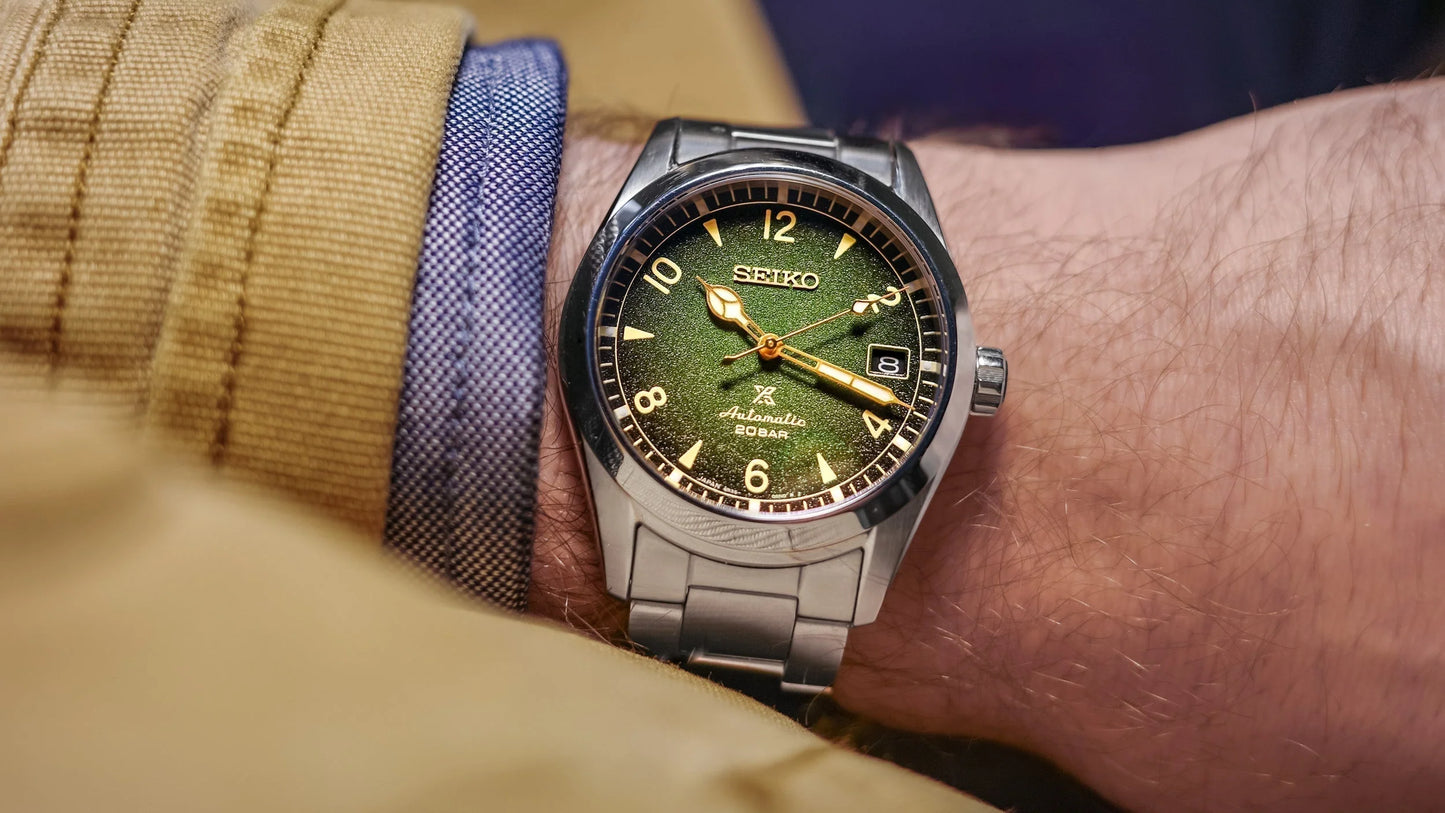 Seiko Prospex SPB155 automatic Alpinist watch with 38mm stainless steel case, green gradated dial, LumiBrite hands, sapphire crystal, 200m water resistance, and stainless steel bracelet — inspired by 1959 Seiko sport watch, available at Miseki Jewelry