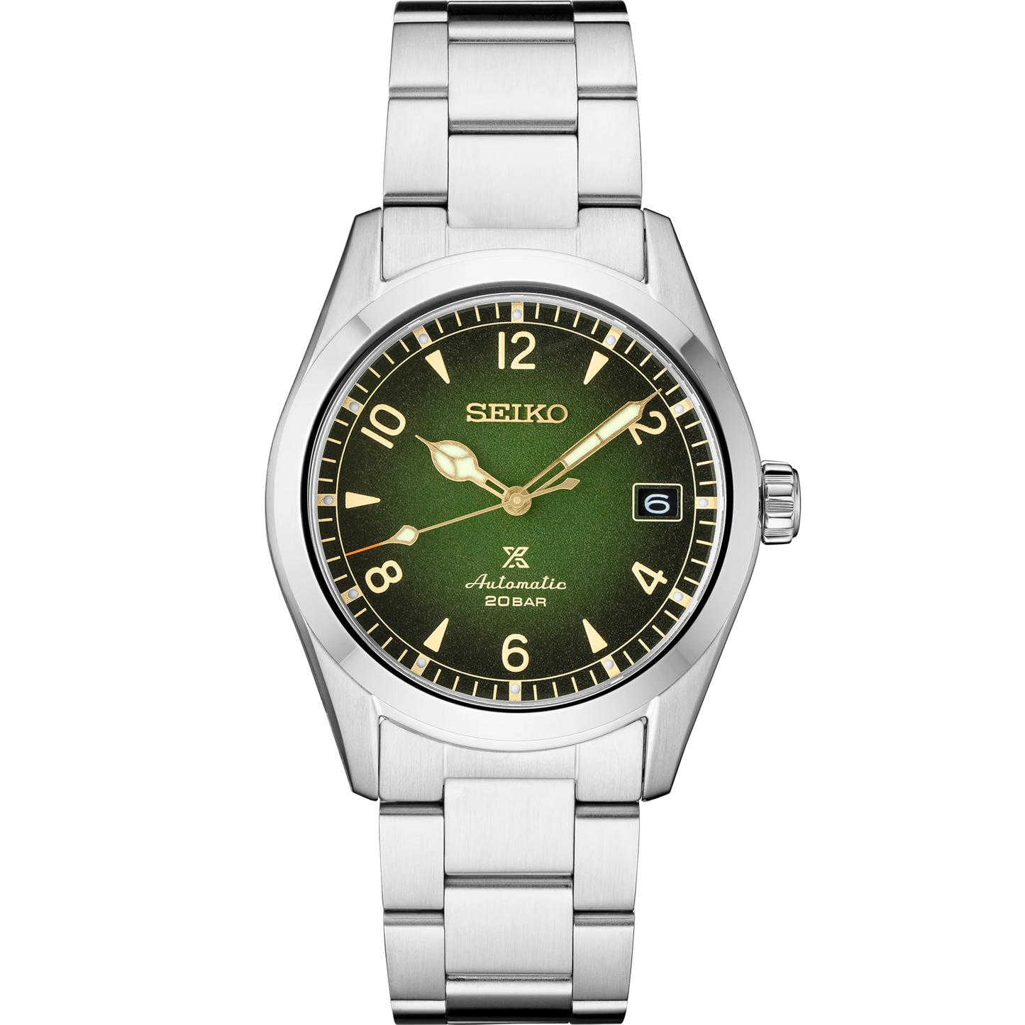 Seiko Prospex SPB155 automatic Alpinist watch with 38mm stainless steel case, green gradated dial, LumiBrite hands, sapphire crystal, 200m water resistance, and stainless steel bracelet — inspired by 1959 Seiko sport watch, available at Miseki Jewelry