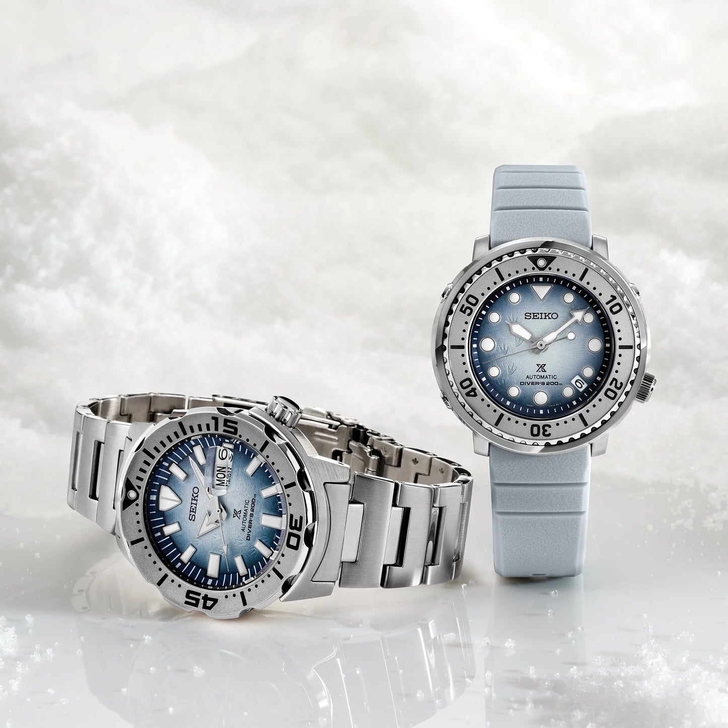 SEIKO Prospex SRPG57 Special Edition automatic diver’s watch with light blue Antarctic-inspired textured dial, stainless steel case and bracelet, rotating dive bezel, magnified day-date display, and 200m water resistance.