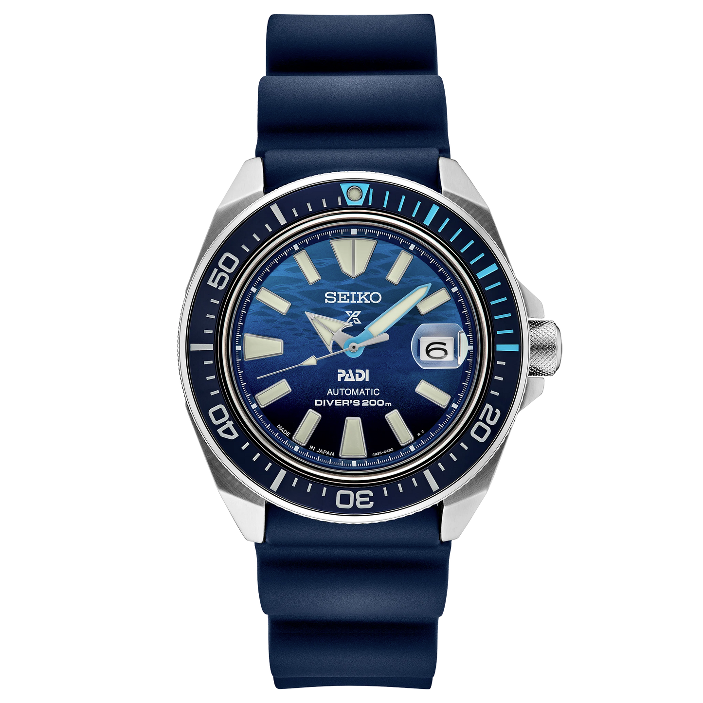 Seiko watch with blue strap and blue dial on a white background