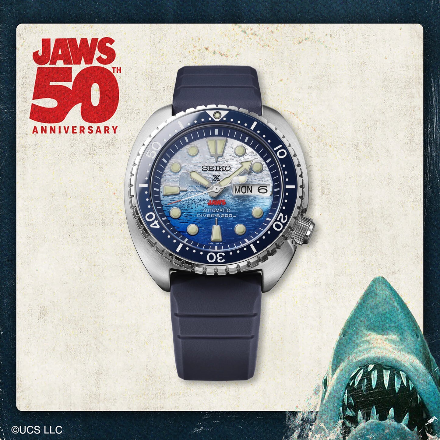 Seiko Prospex SRPL81 JAWS 50th Anniversary Limited Edition diver’s watch with 45 mm stainless steel case, blue ceramic unidirectional bezel, blue and white ombre dial with JAWS logo at 6 o’clock, LumiBrite hands and markers, sapphire crystal, Caliber 4R36 automatic movement, 200m ISO-certified water resistance, blue silicone strap, and engraved caseback featuring Orca boat and shark fin. Limited edition of 5,000 pieces.