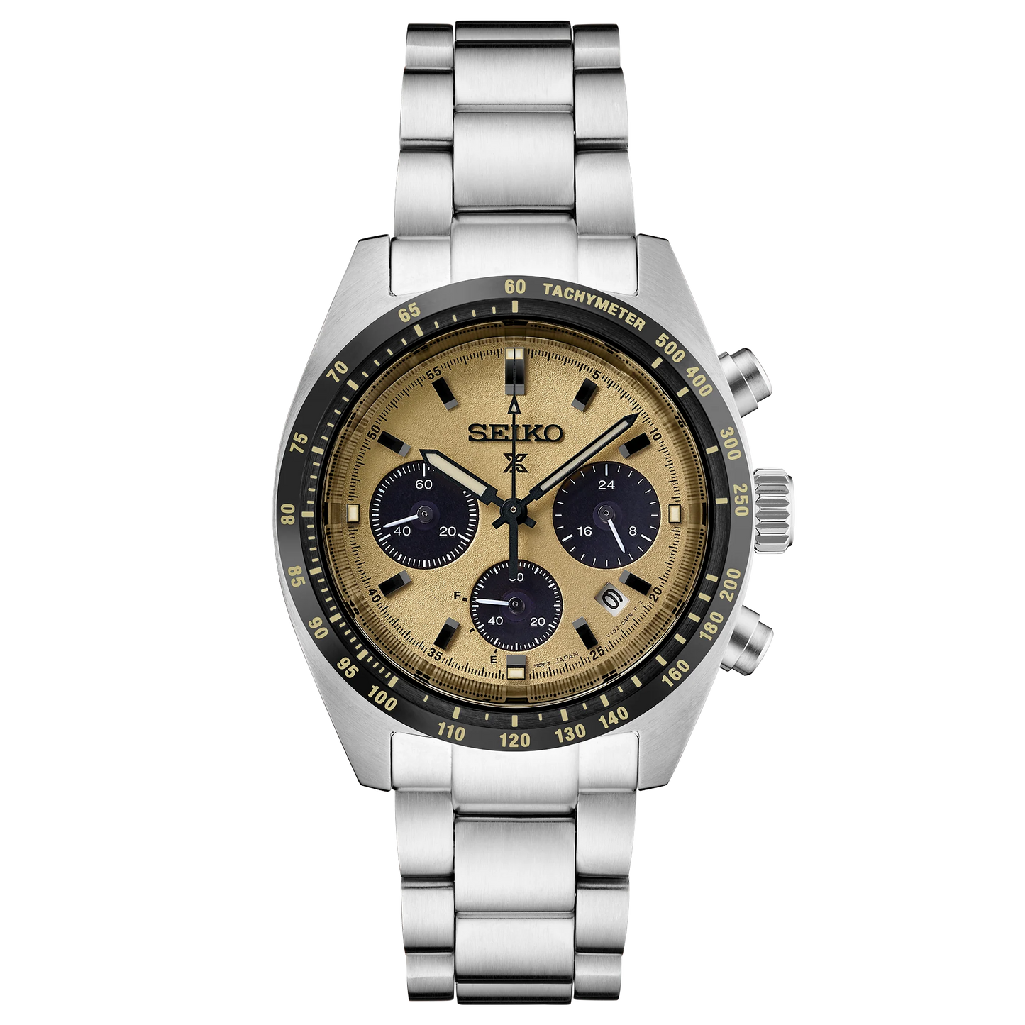 SEIKO Prospex SSC817 Speedtimer Solar Chronograph – yellow sand-blasted dial with black subdials, black tachymeter bezel, stainless steel case and bracelet, solar-powered movement, and 100m water resistance.
