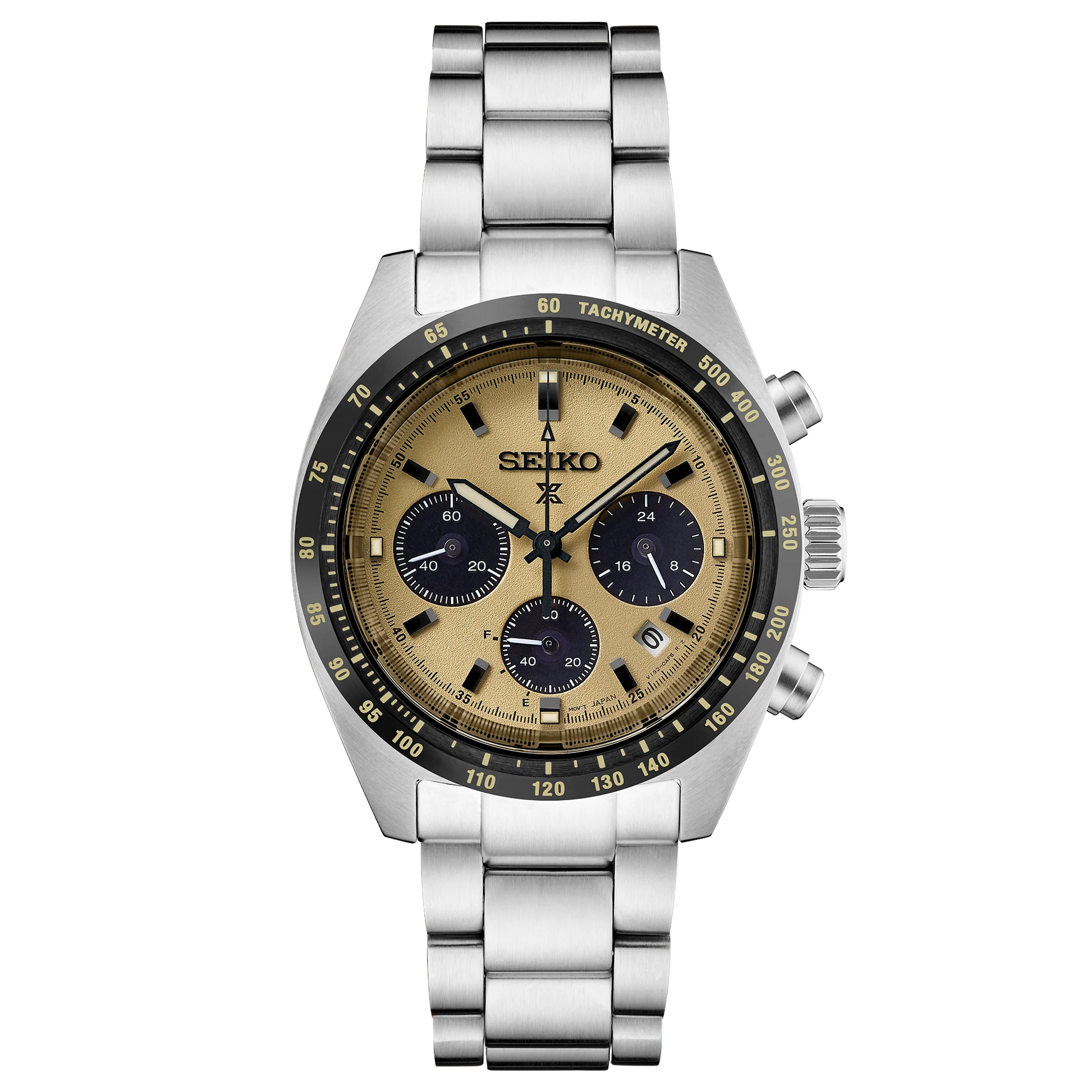 SEIKO Prospex SSC817 Speedtimer Solar Chronograph – yellow sand-blasted dial with black subdials, black tachymeter bezel, stainless steel case and bracelet, solar-powered movement, and 100m water resistance.
