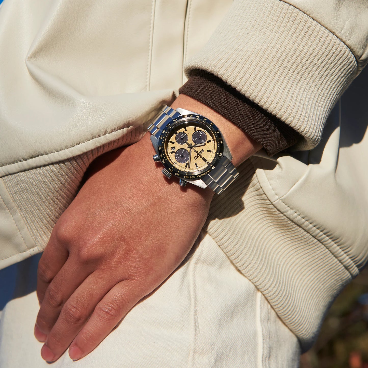 SEIKO Prospex SSC817 Speedtimer Solar Chronograph – yellow sand-blasted dial with black subdials, black tachymeter bezel, stainless steel case and bracelet, solar-powered movement, and 100m water resistance.