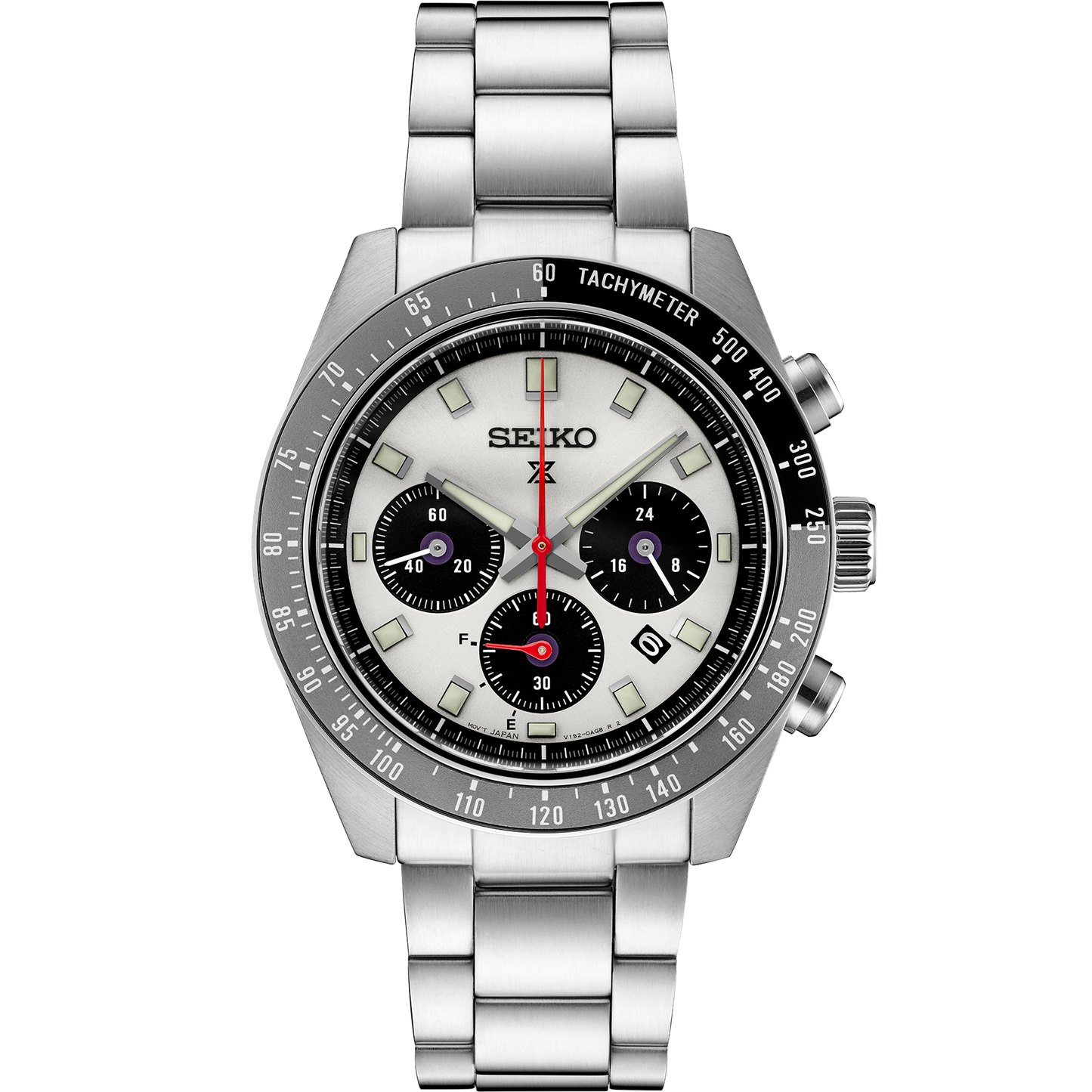 Seiko SSC911 – Prospex Speedtimer Solar Chronograph with silver sunray dial, black subdials, red chronograph hand, and black/gray tachymeter bezel; solar-powered with stainless steel bracelet.