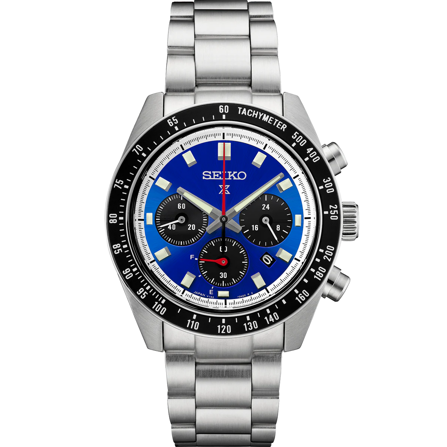 SEIKO Prospex Speedtimer Solar Chronograph U.S. Special Edition – vivid blue dial with black subdials, tachymeter bezel, solar-powered movement, stainless steel case, and 100m water resistance