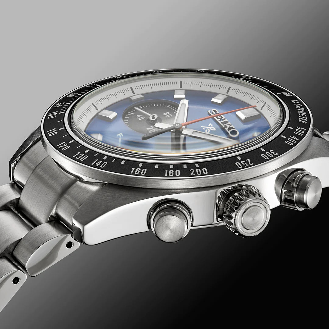 SEIKO Prospex Speedtimer Solar Chronograph U.S. Special Edition – vivid blue dial with black subdials, tachymeter bezel, solar-powered movement, stainless steel case, and 100m water resistance