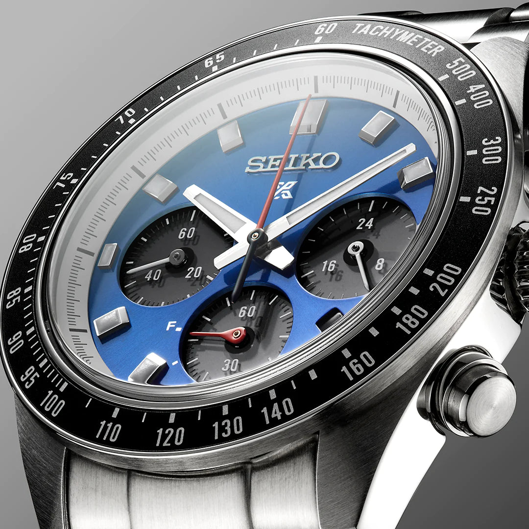 SEIKO Prospex Speedtimer Solar Chronograph U.S. Special Edition – vivid blue dial with black subdials, tachymeter bezel, solar-powered movement, stainless steel case, and 100m water resistance