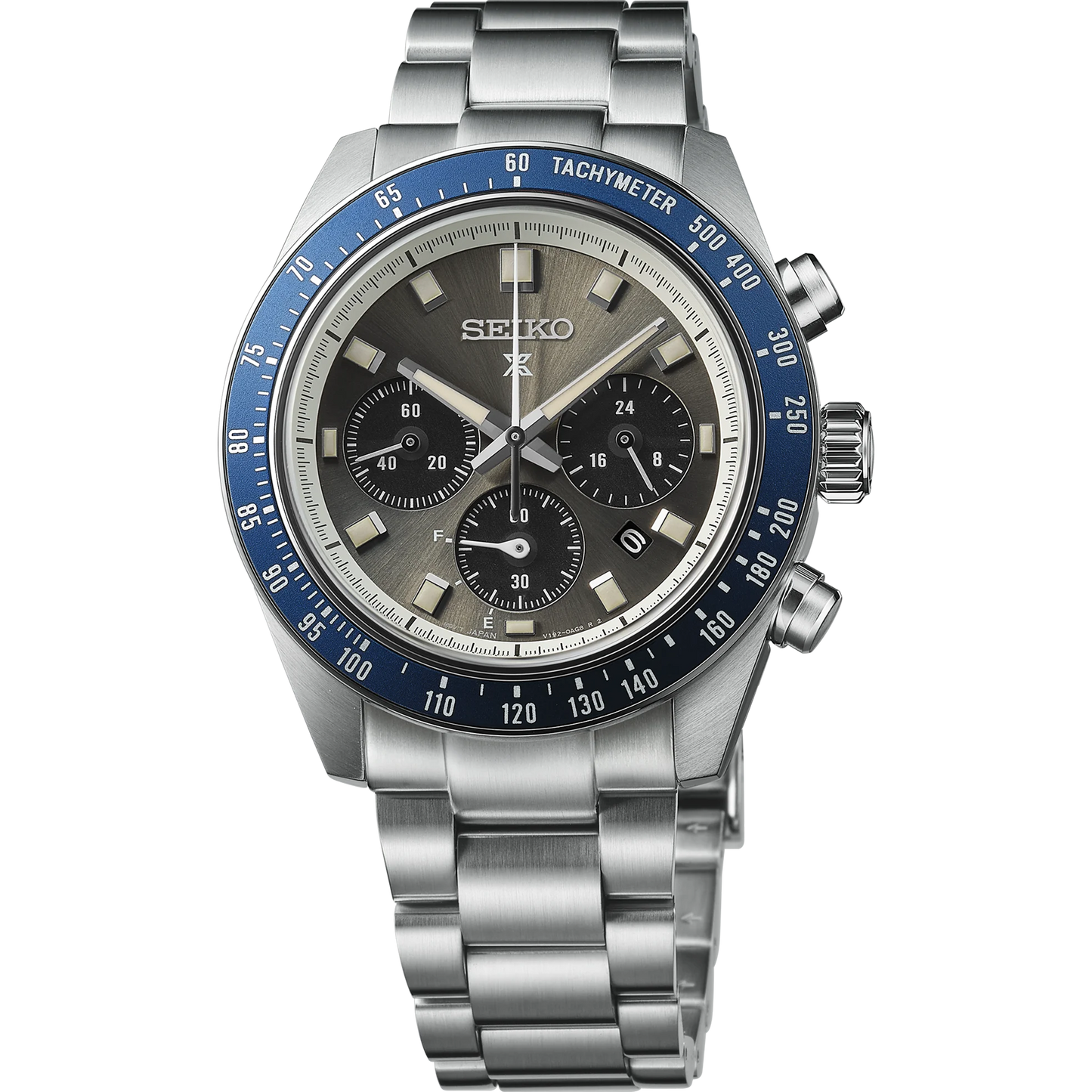 Seiko SSC939 – Prospex Speedtimer Solar Chronograph with gray sunray dial, navy blue tachymeter bezel, stainless steel case and bracelet; solar-powered with chronograph and date functions.