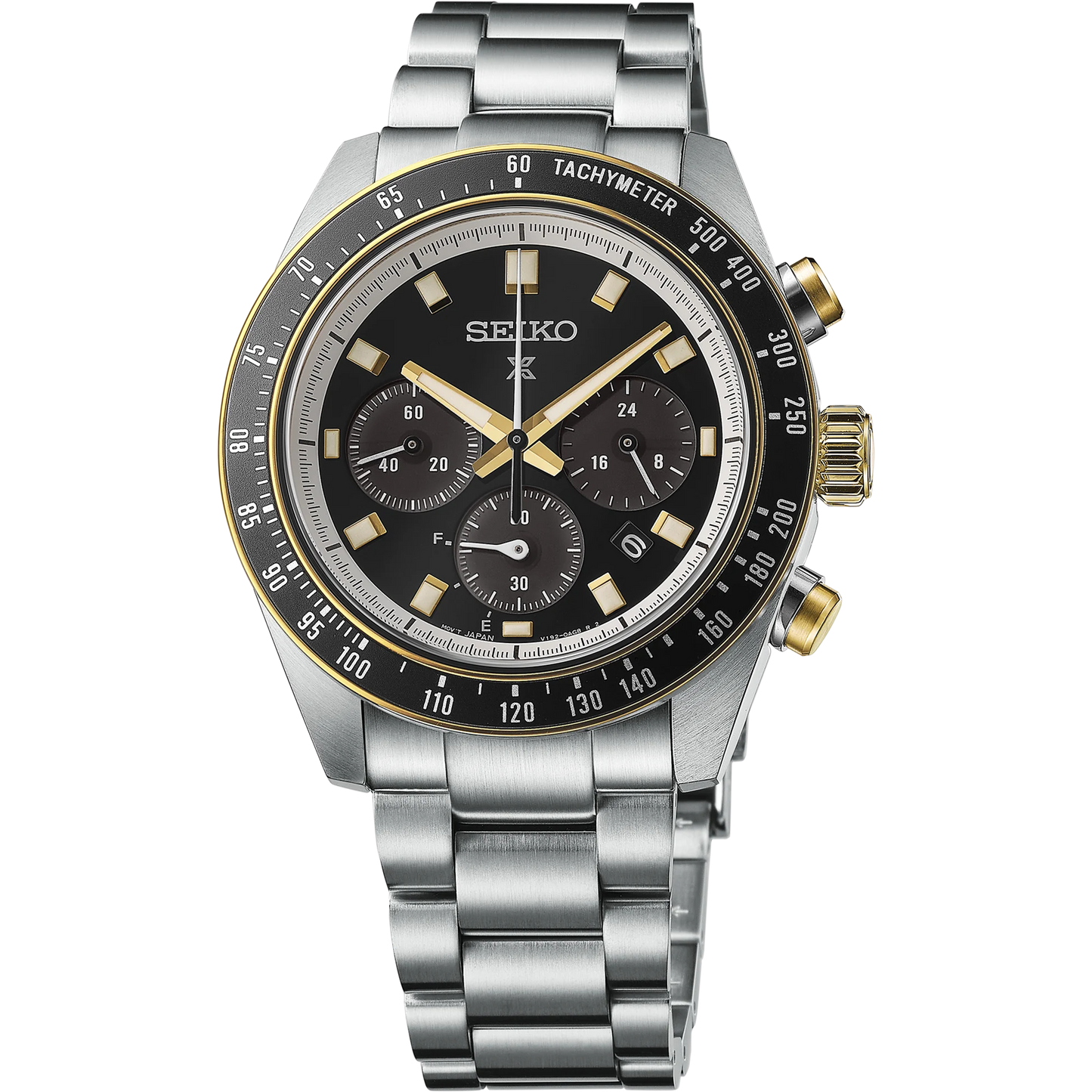 Seiko SSC941 – Prospex Speedtimer Solar Chronograph with black dial, gold accents, black tachymeter bezel, and two-tone stainless steel case; motorsport-inspired solar-powered design with chronograph functions.”