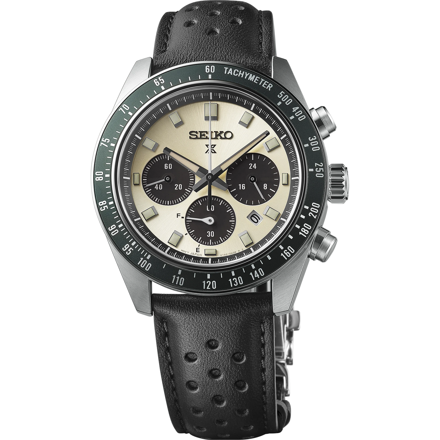 Seiko SSC943 – Prospex Speedtimer Solar Chronograph with ivory sunray dial, black subdials, green tachymeter bezel, and black perforated leather strap; vintage motorsport-inspired solar-powered design.