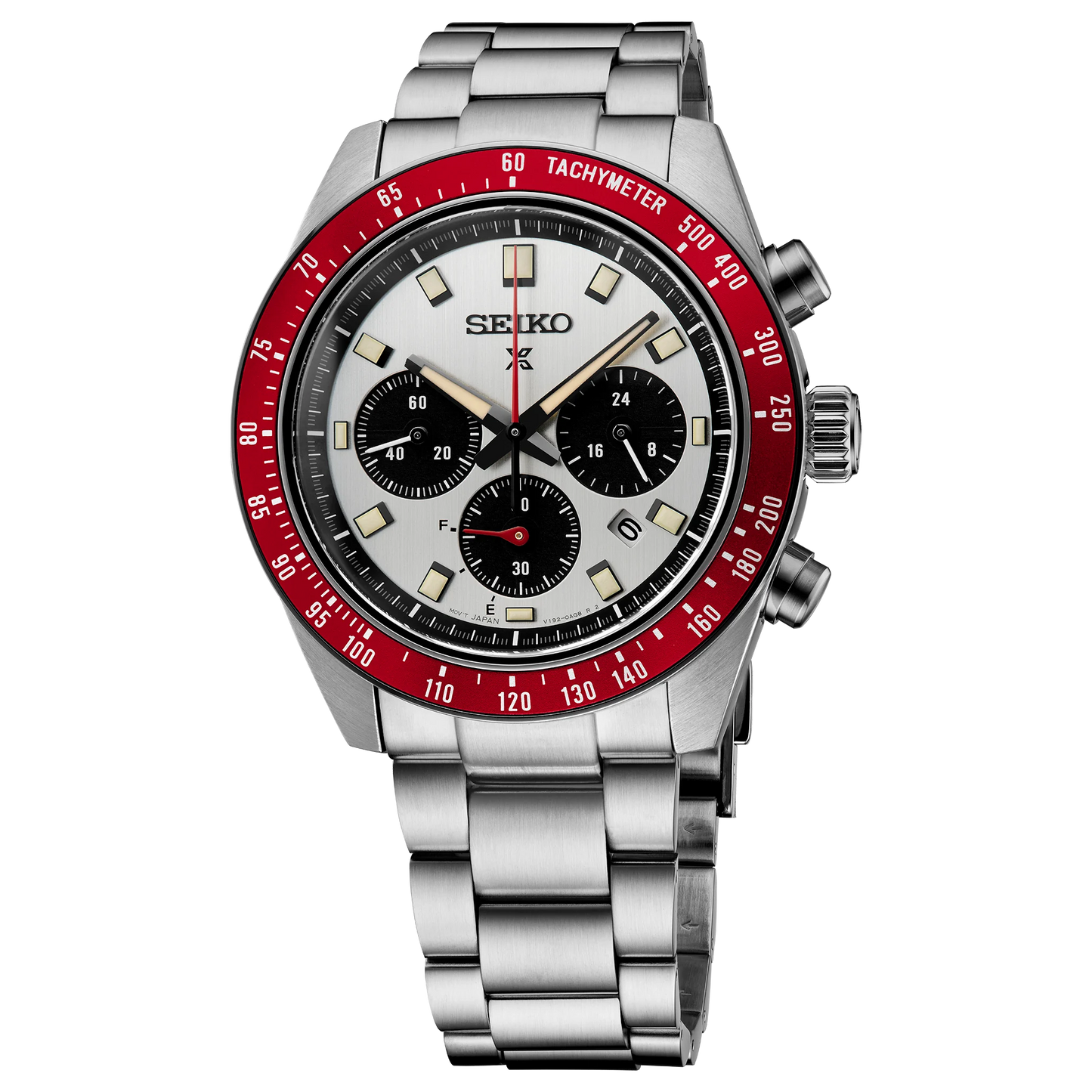 Seiko watch with silver bracelet and red bezel on a white background