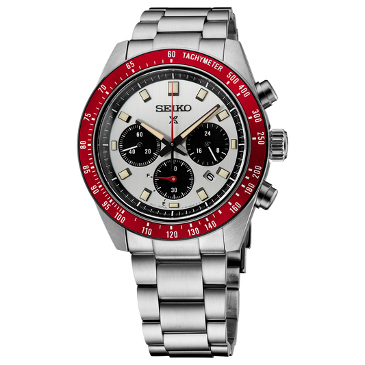 Seiko watch with silver bracelet and red bezel on a white background