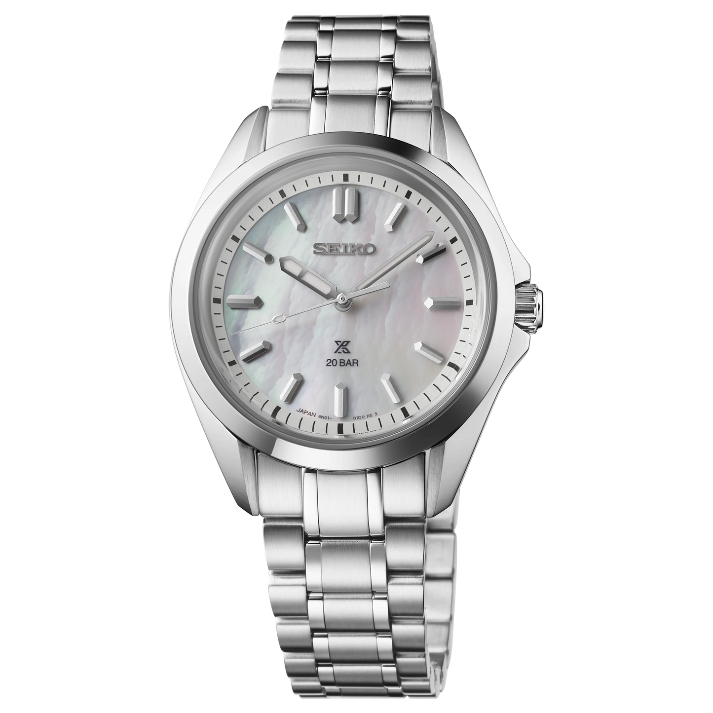 SEIKO Prospex SUR605 Sea Series – 34mm stainless steel case, mother-of-pearl dial, curved sapphire crystal, quartz movement, and 200m water resistance.