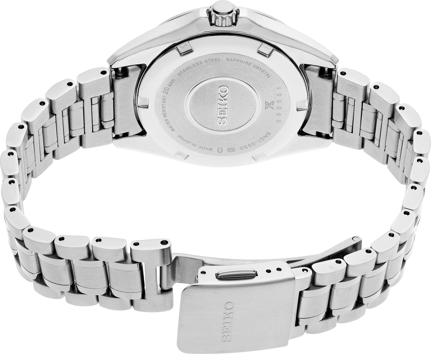 SEIKO Prospex SUR605 Sea Series – 34mm stainless steel case, mother-of-pearl dial, curved sapphire crystal, quartz movement, and 200m water resistance.
