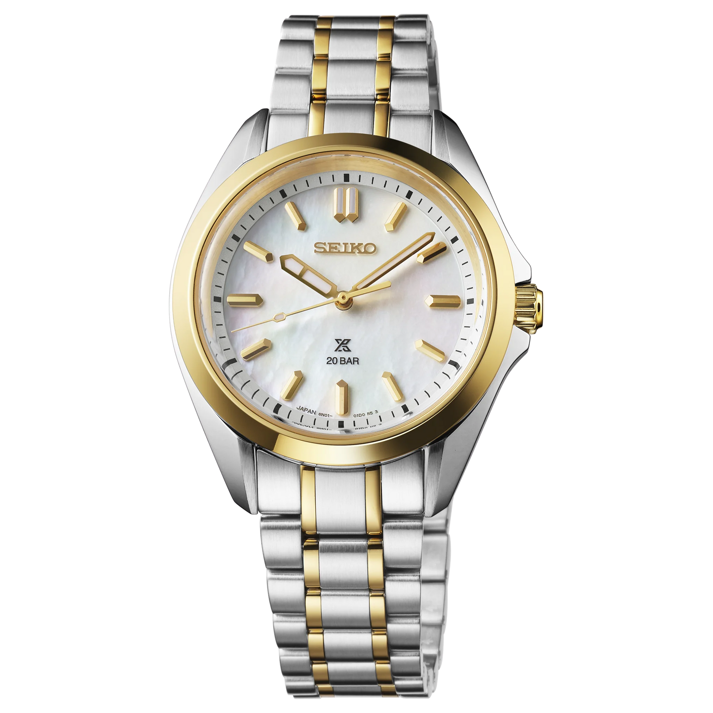 SEIKO Prospex SUR608 Sea Series – 34mm two-tone stainless steel case and bracelet, white mother-of-pearl dial with gold accents, curved sapphire crystal, quartz movement, and 200m water resistance.