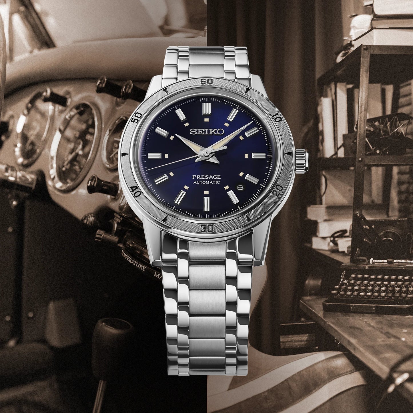 SEIKO SRPL07 from the Presage Style60’s Collection – dark blue sunray dial inspired by vintage work jackets, stainless steel case and bracelet, automatic 23-jewel movement, and 50m water resistance.