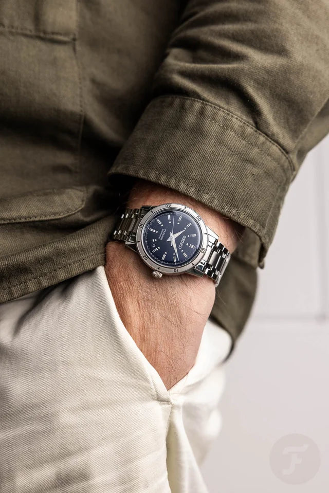 SEIKO SRPL07 from the Presage Style60’s Collection – dark blue sunray dial inspired by vintage work jackets, stainless steel case and bracelet, automatic 23-jewel movement, and 50m water resistance.