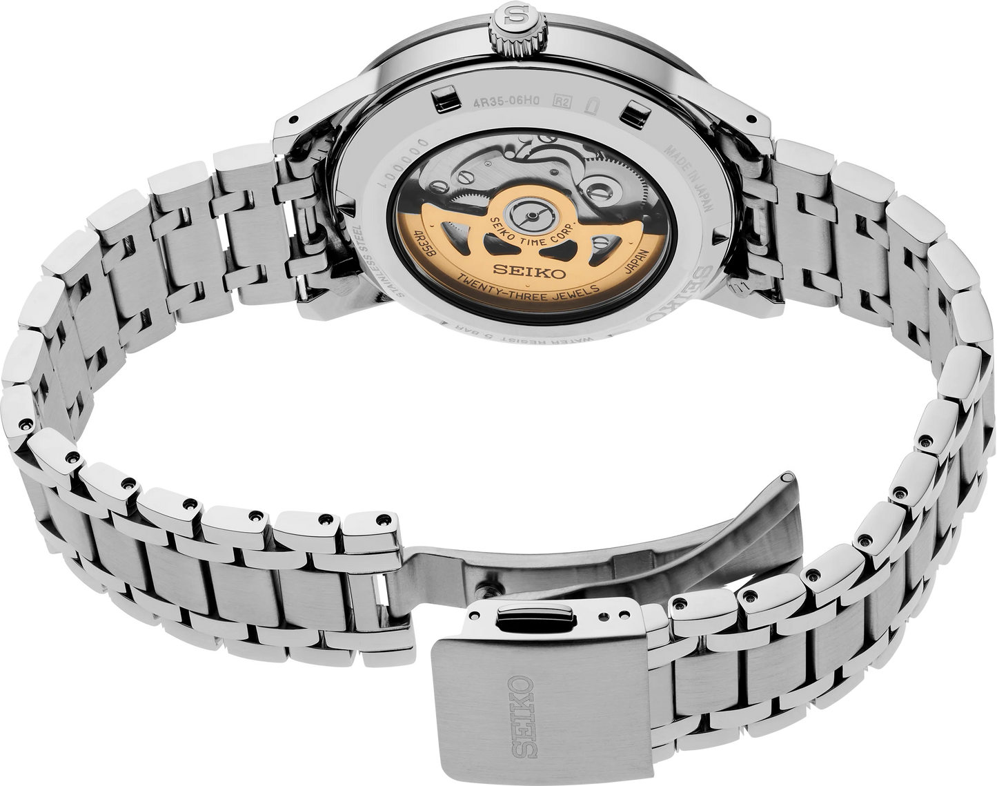 SEIKO SRPL07 from the Presage Style60’s Collection – brown sunray dial, vintage-inspired design, stainless steel bracelet, automatic 23-jewel movement, and 50m water resistance.