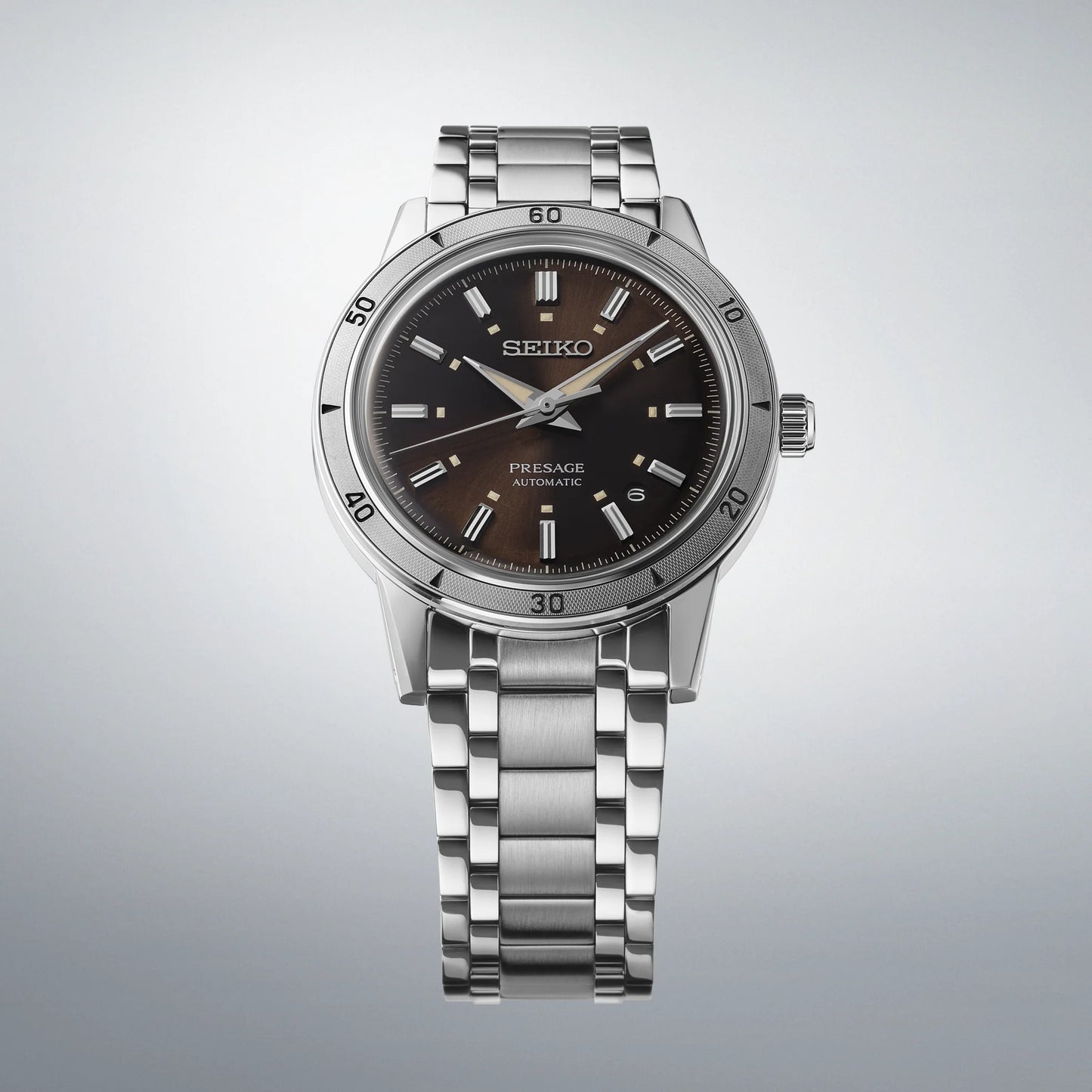 SEIKO SRPL07 from the Presage Style60’s Collection – brown sunray dial, vintage-inspired design, stainless steel bracelet, automatic 23-jewel movement, and 50m water resistance.