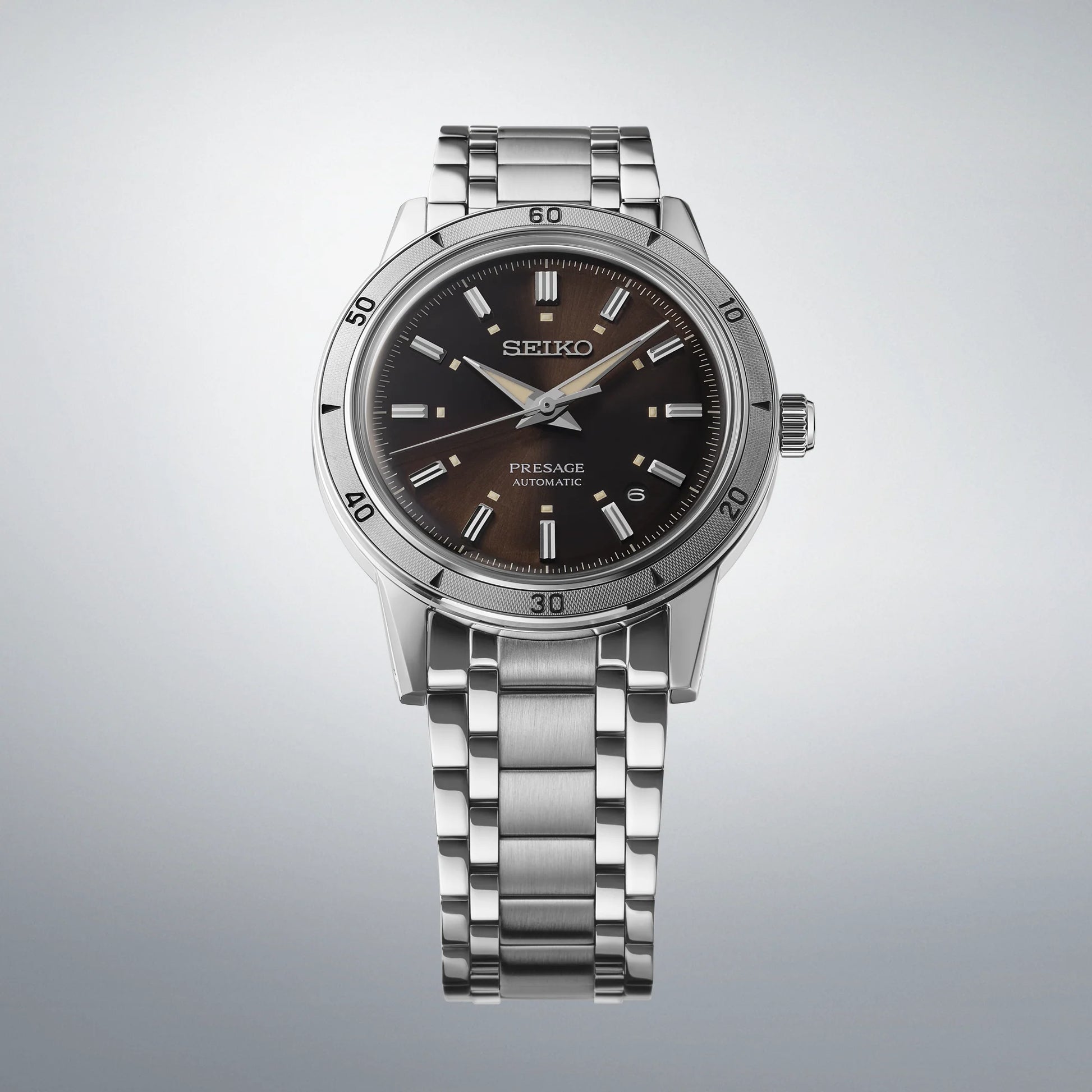 SEIKO SRPL07 from the Presage Style60’s Collection – brown sunray dial, vintage-inspired design, stainless steel bracelet, automatic 23-jewel movement, and 50m water resistance.