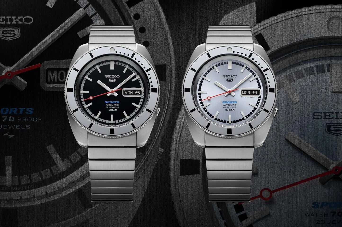 Seiko 5 Sports SRPL05 Limited Edition – vintage-inspired black dial with red second hand, silver rotating bezel, automatic movement, stainless steel and leather straps, 100m water resistance.