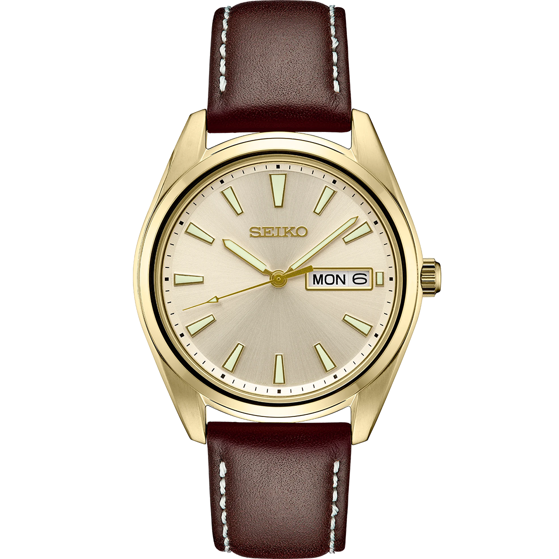 Seiko Essentials SUR450 – elegant gold-tone men’s quartz watch with champagne dial, sapphire crystal, day/date window, and brown leather strap