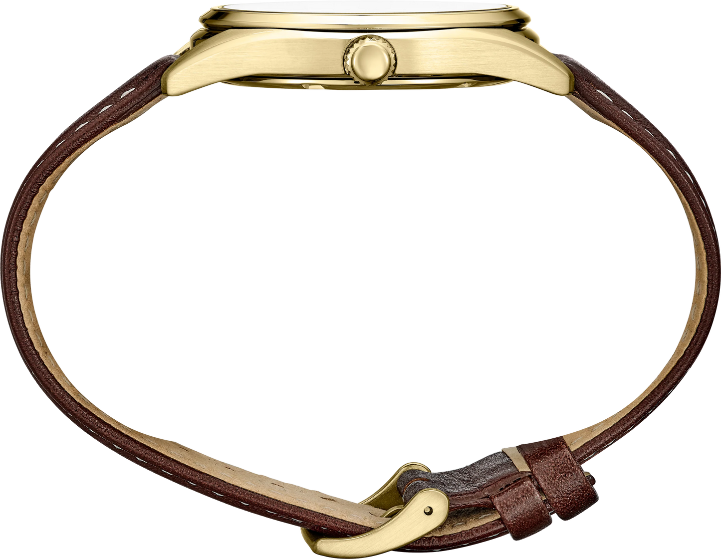 Seiko Essentials SUR450 – elegant gold-tone men’s quartz watch with champagne dial, sapphire crystal, day/date window, and brown leather strap