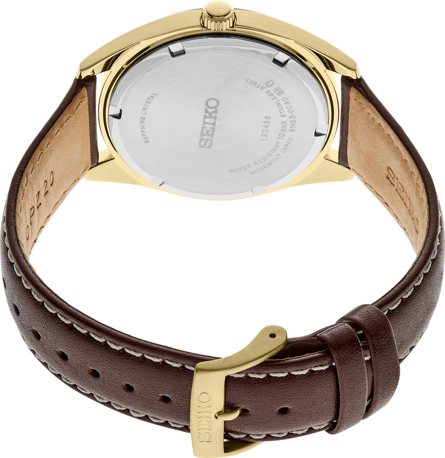 Seiko Essentials SUR450 – elegant gold-tone men’s quartz watch with champagne dial, sapphire crystal, day/date window, and brown leather strap