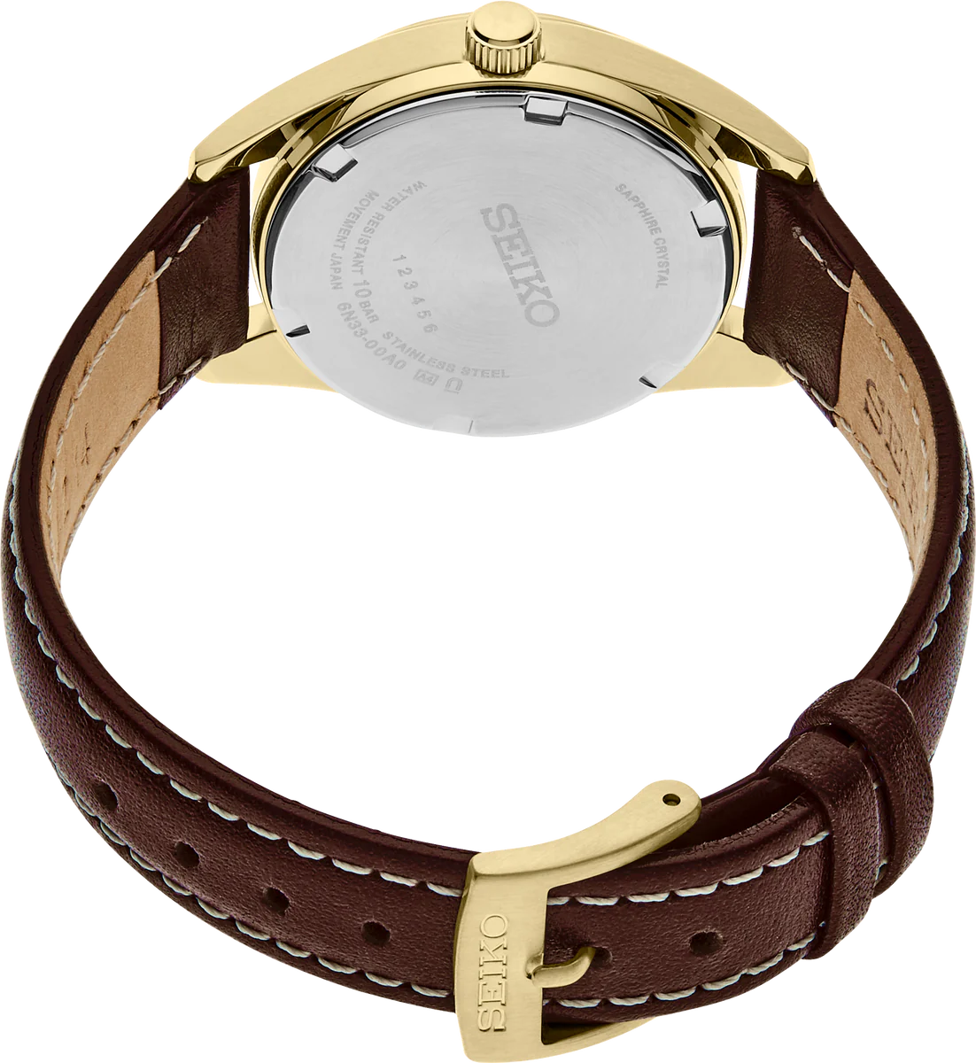 Seiko Essentials SUR456 – compact gold-tone dress watch with champagne sunray dial, brown leather strap, sapphire crystal, day/date display, and 100m water resistance.