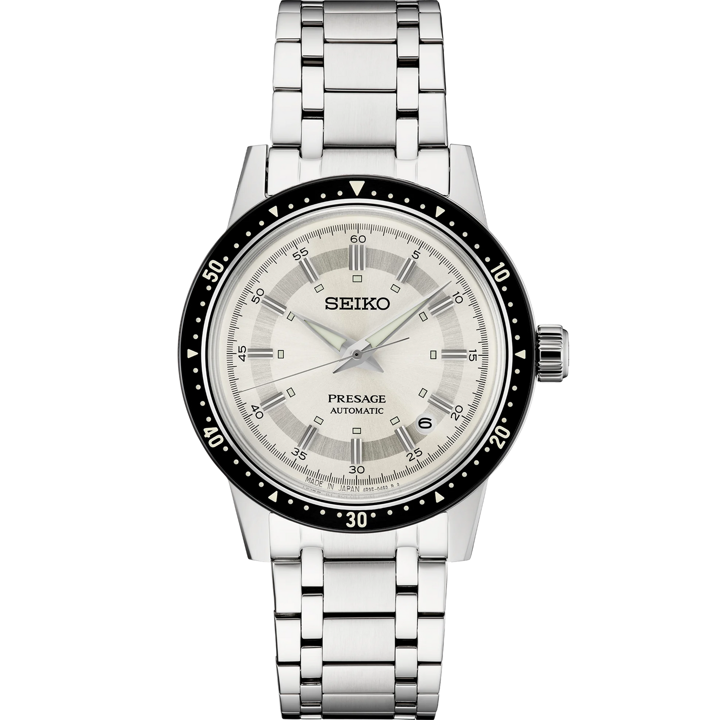 SEIKO SRPK61 Presage Style60’s 60th Anniversary Limited Edition – ivory dial, black bezel, stainless steel bracelet, automatic movement, limited to 5,000 pieces, and 50m water resistance.